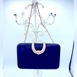 Vintage La Regale Black Satin Box Evening Bag/Clutch With Rhinestone Closure